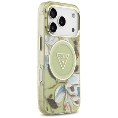 4. Guess IML Glitter Flowers Triangle MagSafe Case for iPhone 17 Pro / 18 Pro - Green