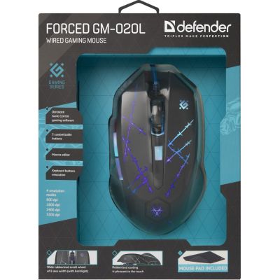 13. DEFENDER FORCED WIRED MOUSE GM-020L 800/1800/2400/3200 DPI 6P + PAD + GAME 52020