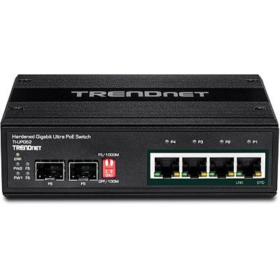 4. TRENDnet TI-UPG62 Switch - Unmanaged - 4 x 10/100/1000 (PoE+) + 2 x Gigabit SFP - DIN rail mountable, Wall mountable - PoE+ (240W) - DC
