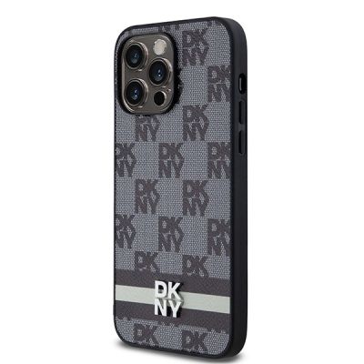 2. DKNY Leather Checkered Mono Pattern & Printed Stripes Case for iPhone 14 Pro Max - Black