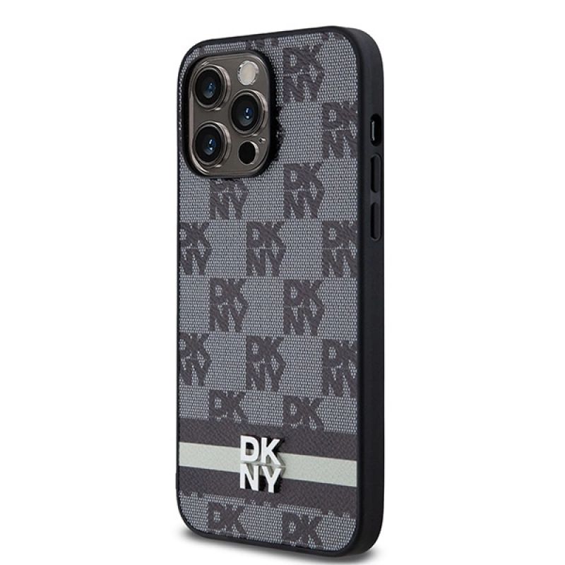 2. DKNY Leather Checkered Mono Pattern & Printed Stripes Case for iPhone 14 Pro Max - Black