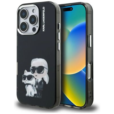 Karl Lagerfeld IML Aquarelle Karl & Choupette & Logo Case for iPhone 16 Pro Max - Black