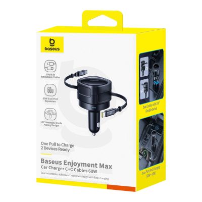 4. Baseus Enjoyment Max 60W Car Charger with Two Retractable USB-C Cables - Black