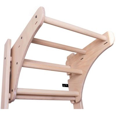 19. GYMNASTIC WOODEN AND METAL WALL BAR WITH 4 HANDLES WITH A WOODEN BAR BENCHK 211W