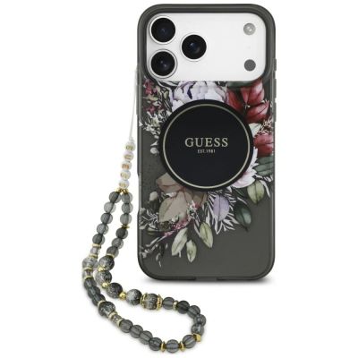 Guess IML Flowers Pearl Strap MagSafe Case for iPhone 18 Pro Max / 17 Pro Max – Black