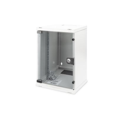 Wall-mounted network cabinet 10" 9U rack 312x300, glass door, gray, undivided, assembled, 30kg