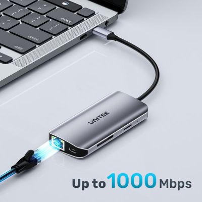 12. UNITEK ACTIVE HUB USB-C 2X HDMI, SD READER, 4K, RJ-45, PD 100W, 5 GBPS