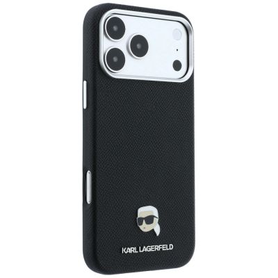 4. Karl Lagerfeld Grained Karl Head Metal MagSafe Case for iPhone 18 Pro / 17 Pro - Black