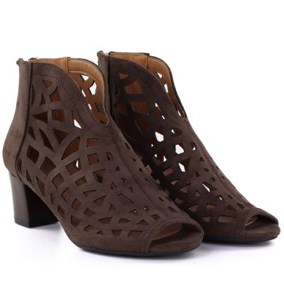 3. Women's suede ankle boots with openwork, open toe, brown M.Daszyński MR1954-15