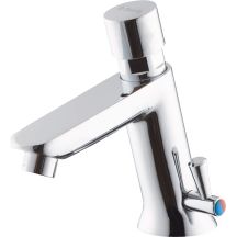 Timed washbasin tap with temperature control - without drain closure