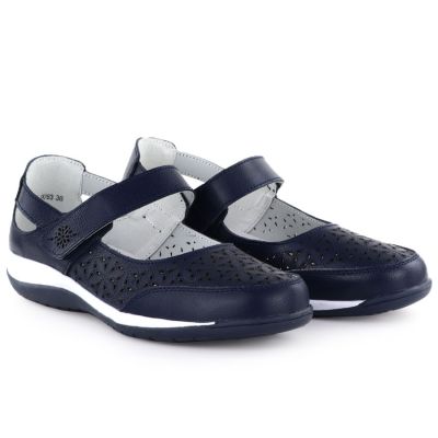 2. Women's leather openwork shoes with Velcro, navy blue Jezzi 9763