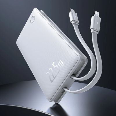 14. Baseus Airpow Lite 10000mAh 22.5W Power Bank with Built-in USB-C and Lightning Cables - White