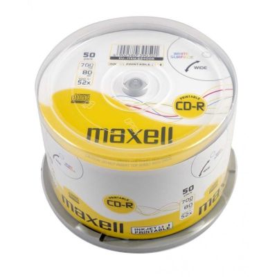MAXELL CD-R 700MB, 50 per spindle, 52X write speed, 80 min. High-quality discs with printable and recordable music. Intended for Multimedia.