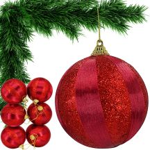 SHATTER-RESISTANT PLASTIC BAUBLES 8 CM RED 6 PCS STRIPES MICA