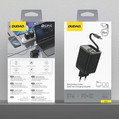 9. Dudao A67EU GaN 67W Wall Charger with Built-in Retractable USB-C Power Delivery Quick Charge Cable - Black