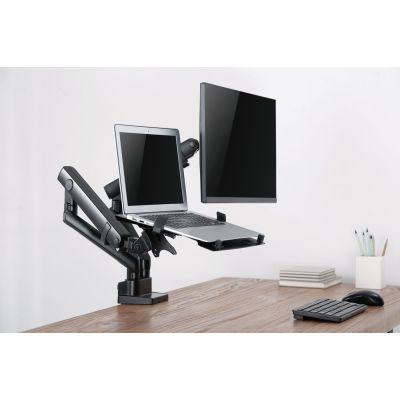 6. GEMBIRD ADJUSTABLE DESK ARM/MOUNT FOR 2 MONITORS + NOTEBOOK SHELF 17–32, VESA 100 X 100 MM, UP TO 8 KG
