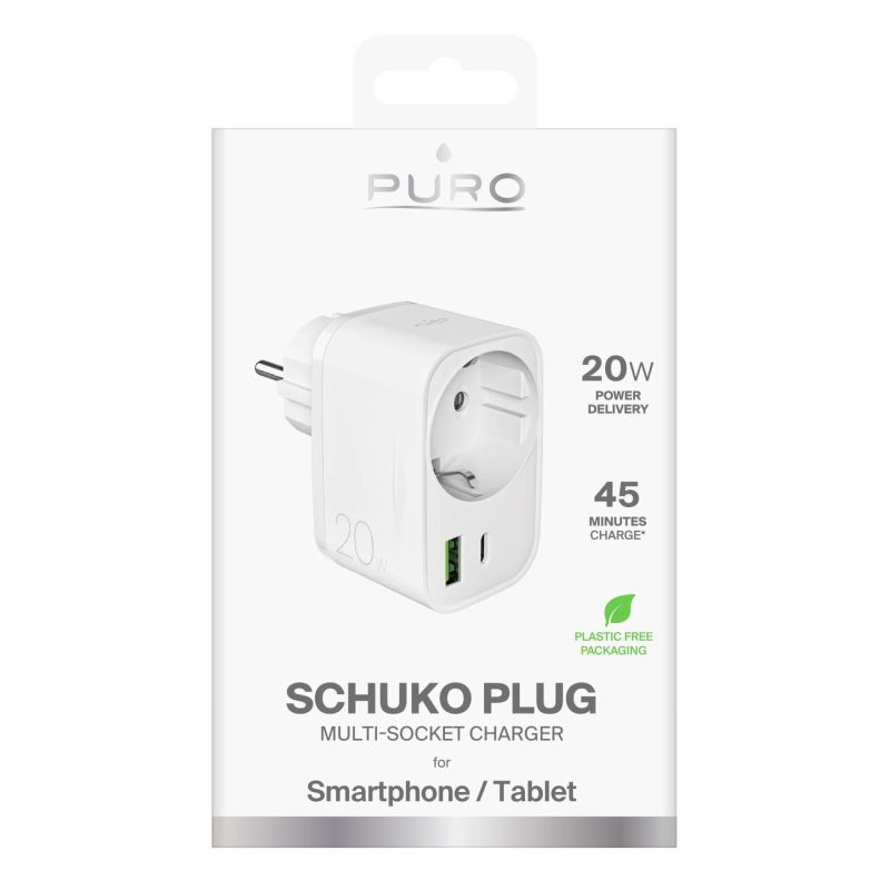 2. Puro 20W Power Delivery Charger with Schuko Plug and Socket 1x USB-C + 1x USB-A - White
