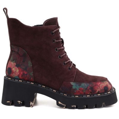 2. Women’s burgundy leather ankle boots with flowers Artiker 59C0248