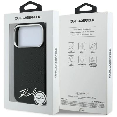 8. Karl Lagerfeld Saffiano Small Script Metal Logo MagSafe Case for iPhone 17 Pro Max / 18 Pro Max - Black