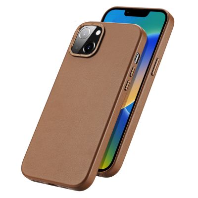 2. Dux Ducis Grit Leather Case for iPhone 14 Plus Elegant Faux Leather Cover (MagSafe Compatible) Brown