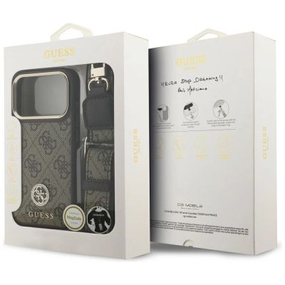 9. Guess 4G Strass Logo & Big Strap Metal Buttons MagSafe Case for iPhone 17 Pro - Brown