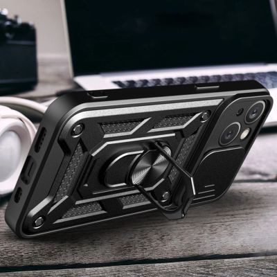 4. Hybrid Armor Camshield Case with Stand and Camera Cover for iPhone 15 Plus - Blue