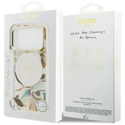 8. Guess IML Glitter Flowers Triangle MagSafe Case for iPhone 17 Pro / 18 Pro - White