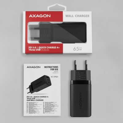 10. AXAGON ACU-DPQ65 Wall charger, GaN 65W, 3x port (USB-A + dual USB-C), PD3.0/QC4+/PPS/Apple