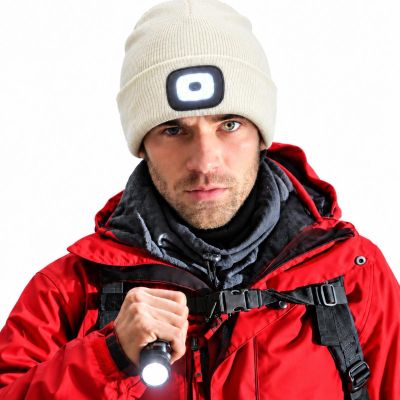 6. WHITE BEANIE WITH 4-LED HEADLAMP, 120 LM, 3 MODES, FOR OUTDOOR ACTIVITIES