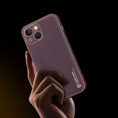 9. Dux Ducis Yolo iPhone 14 Plus case elegant purple faux leather cover
