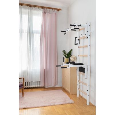 22. WOODEN AND METAL GYMNASTIC WALL BAR WITH BAR AND ACCESSORIES BENCHK 232W