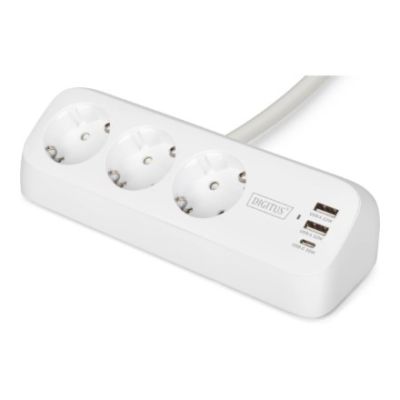 Digitus 3-Way Office Power Strip with 2 USB-A and 1 USB-C Ports, White