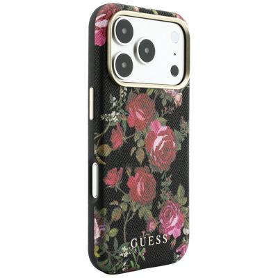 4. Guess Blossom Roses Print MagSafe Case for iPhone 18 Pro / 17 Pro – Black