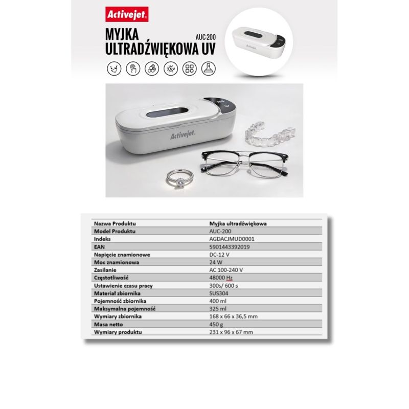 30. Activejet AUC-200 ultrasonic UV cleaner for dentures, glasses and jewelry, white.