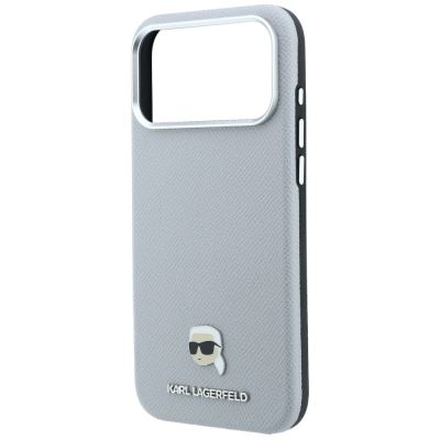 6. Karl Lagerfeld Grained Karl Head Metal MagSafe Case for iPhone 18 Pro Max / 17 Pro Max - Gray