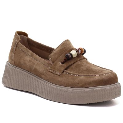 Women's leather platform moccasins with beads, camel, Vinceza 79649