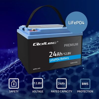 3. Qoltec LiFePO4 Lithium Iron Phosphate Battery | 12.8V | 24Ah | 307.2Wh | BMS