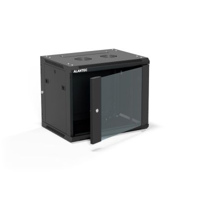 19" 9U 600x450 wall-mounted cabinet, (double-section option), single-leaf glass door, removable full rear cover, removable full side covers, lockable, 4 beams, black, for self-assembly - Flat Pack, ALANTEC