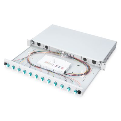 13. FO patch panel with equipment 19'' 1U, 12x LC dx, OM3, pigtails, adapters, trays, sliding, gray