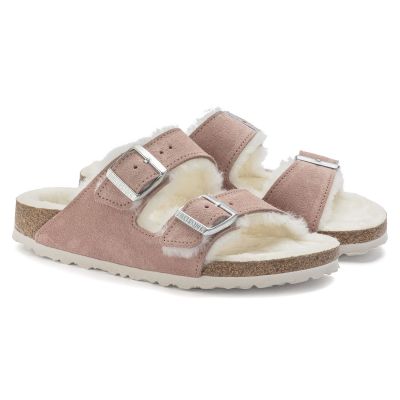 Birkenstock Arizona Suede Leather Shearling Pink Clay LAF Narrow Insulated Slides (1023258)