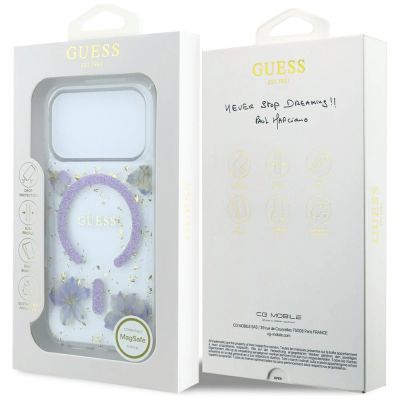 8. Guess Resin Flowers Glitter MagSafe Case for iPhone 18 Pro / 17 Pro - Purple