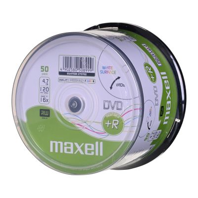 2. MAXELL DVD+R 4.7GB, 50 pcs per spindle. 16X write speed, 120 min. Inkjet printable discs. Intended use: Multimedia.