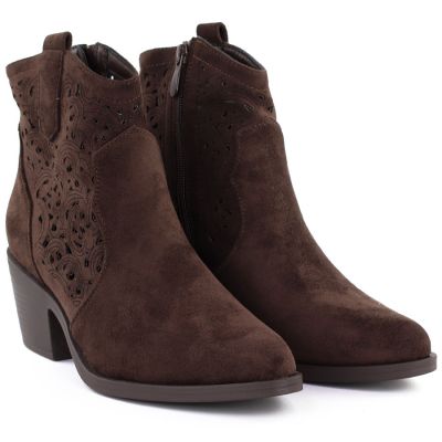 3. Women's suede ankle boots with openwork heel, brown, S.Barski HY61-8012