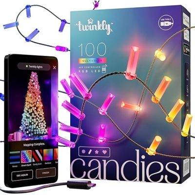 10. Twinkly Candies – 100 Candle-Shaped RGB LED Lights, Green Cable, USB-C