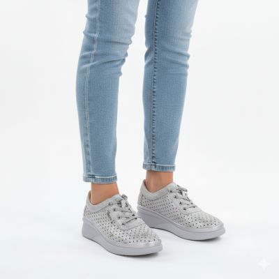 5. Women's leather openwork wedge shoes, gray Vinceza 79603