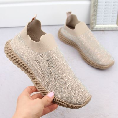 4. D&A W OLI257A beige slip-on sneakers with rhinestones