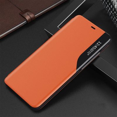 11. Eco Leather View Case elegant bookcase type case with kickstand for iPhone 13 mini orange
