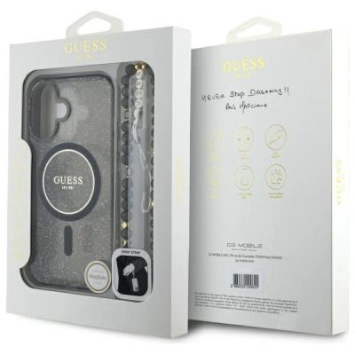7. Guess IML Glitter With Pearl Strap MagSafe case for iPhone 16 - black