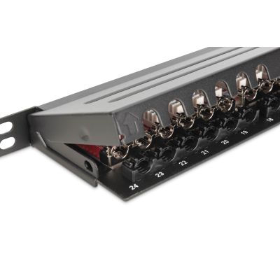 6. High density patch panel 19'' 24x RJ45, LSA level, cat.6A, shielded, 0.5U, black, cable guide