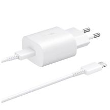 Samsung 25W EP-TA800EWE USB-C wall charger with Samsung EP-DA705BWE USB-C / USB-C cable replacement packaging - white